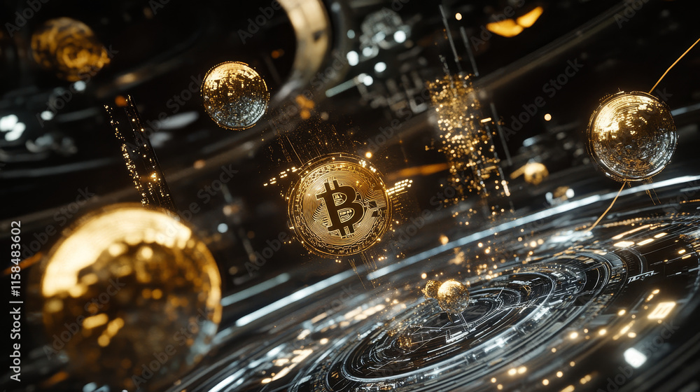 Poster abstract technology map world digital money ui futuristic concept future golden bitcoin digital curr
