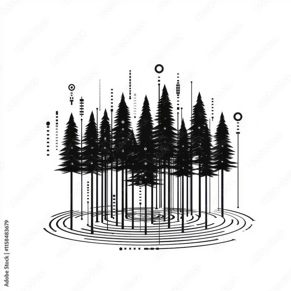 Poster stylized illustration of a forest with tall, dark trees surrounded by circular patterns, evoking a s