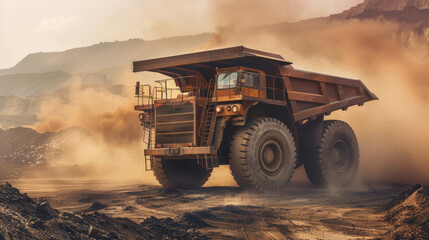 Obraz premium Mining Dump Truck Transporting Soil in Rugged Terrain