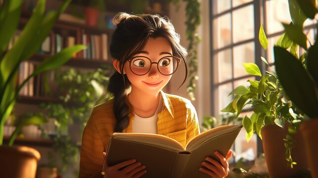 Animated girl in yellow shirt reads book, surrounded by plants and bookshelves. Illustrates calm, studious atmosphere; perfect for education or relaxation themes.