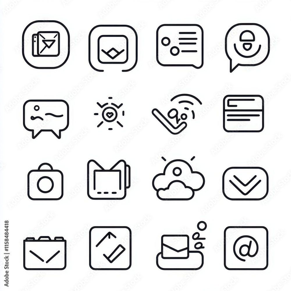 Poster a collection of minimalist line icons representing communication and technology.