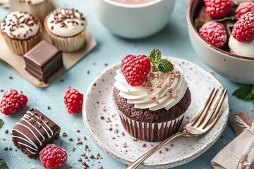 Delicious Chocolate Cupcake with Raspberries and Creamy Frosting