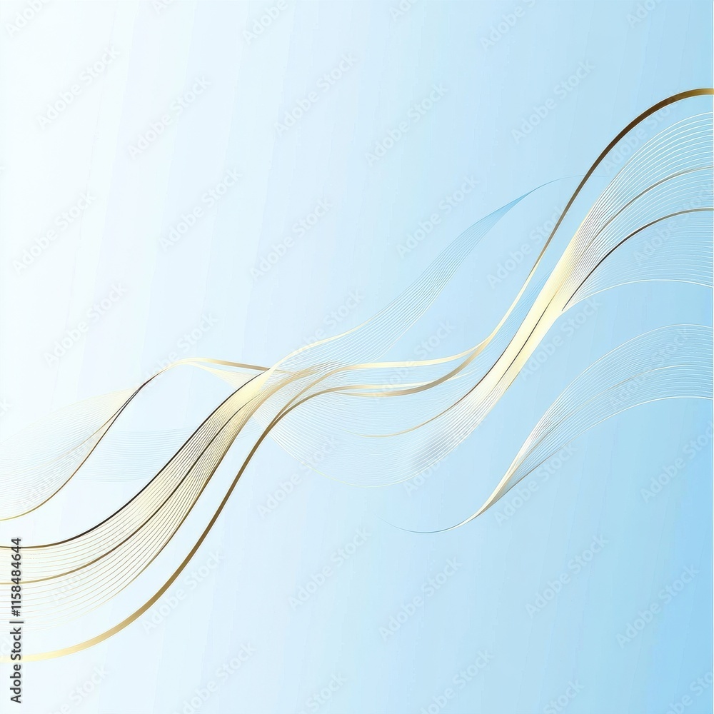 Poster abstract wavy lines in soft gold tones against a light blue background create an elegant and calming