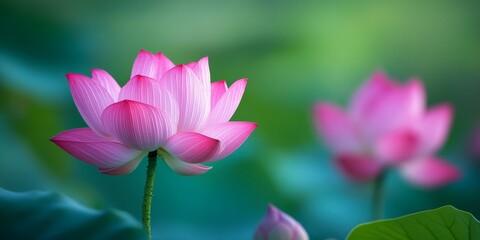 Obraz premium Blooming lotus flower displayed against a serene green background, showcasing the beauty of the blooming lotus flower in its natural environment. Explore the elegance of the blooming lotus flower.