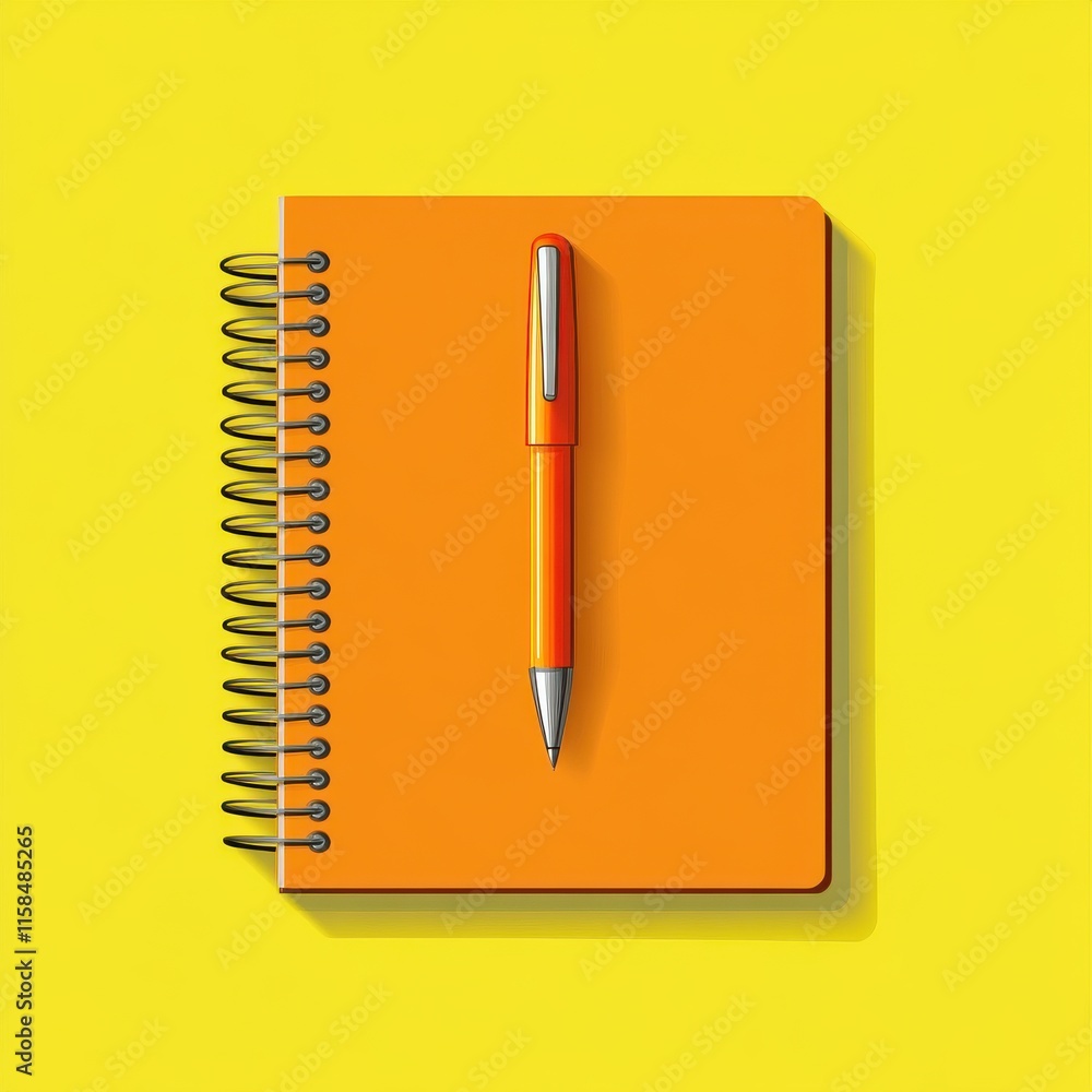 Poster an orange spiral notebook and a matching pen on a bright yellow background, creating a cheerful and 