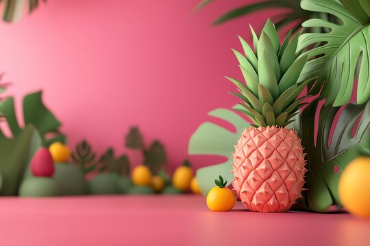 A vibrant pink background with a pineapple and tropical leaves, creating a playful and colorful summer aesthetic.