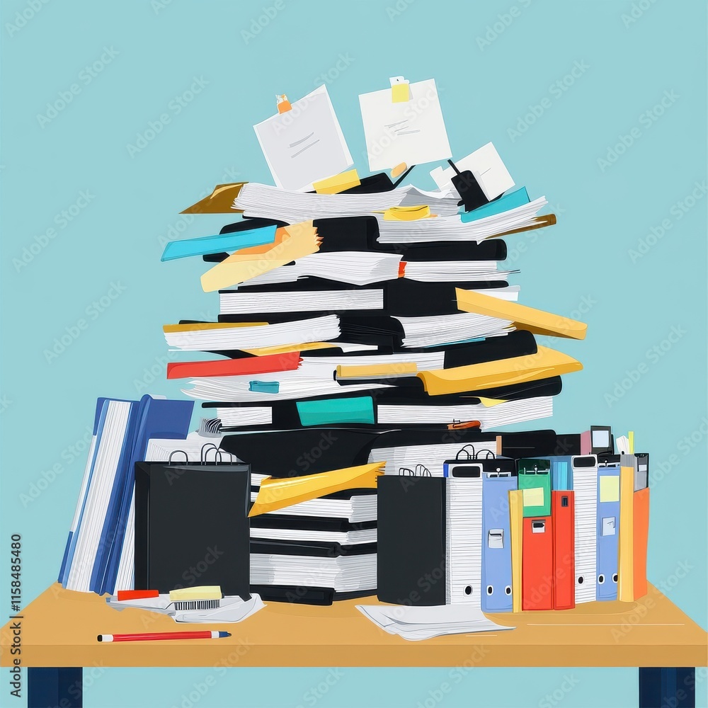 Poster a chaotic stack of files and documents on a table, showcasing the mess of a busy workspace.