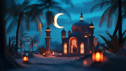 Fototapeta premium Elegant Eid Photo Background with Mosque Silhouette and Lights