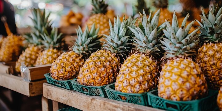 Pineapples displayed for sale at a vibrant stall, showcasing the freshness and appeal of pineapples in a lively market setting. Discover the charm of pineapples in this colorful scene.