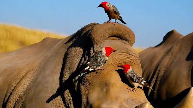 Animals like oxpeckers on rhinos, showing mutualistic partnerships in nature.

