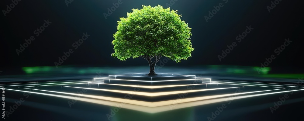 Aufkleber elder tree abstract background concept. a vibrant green tree stands strikingly on illuminated platfo