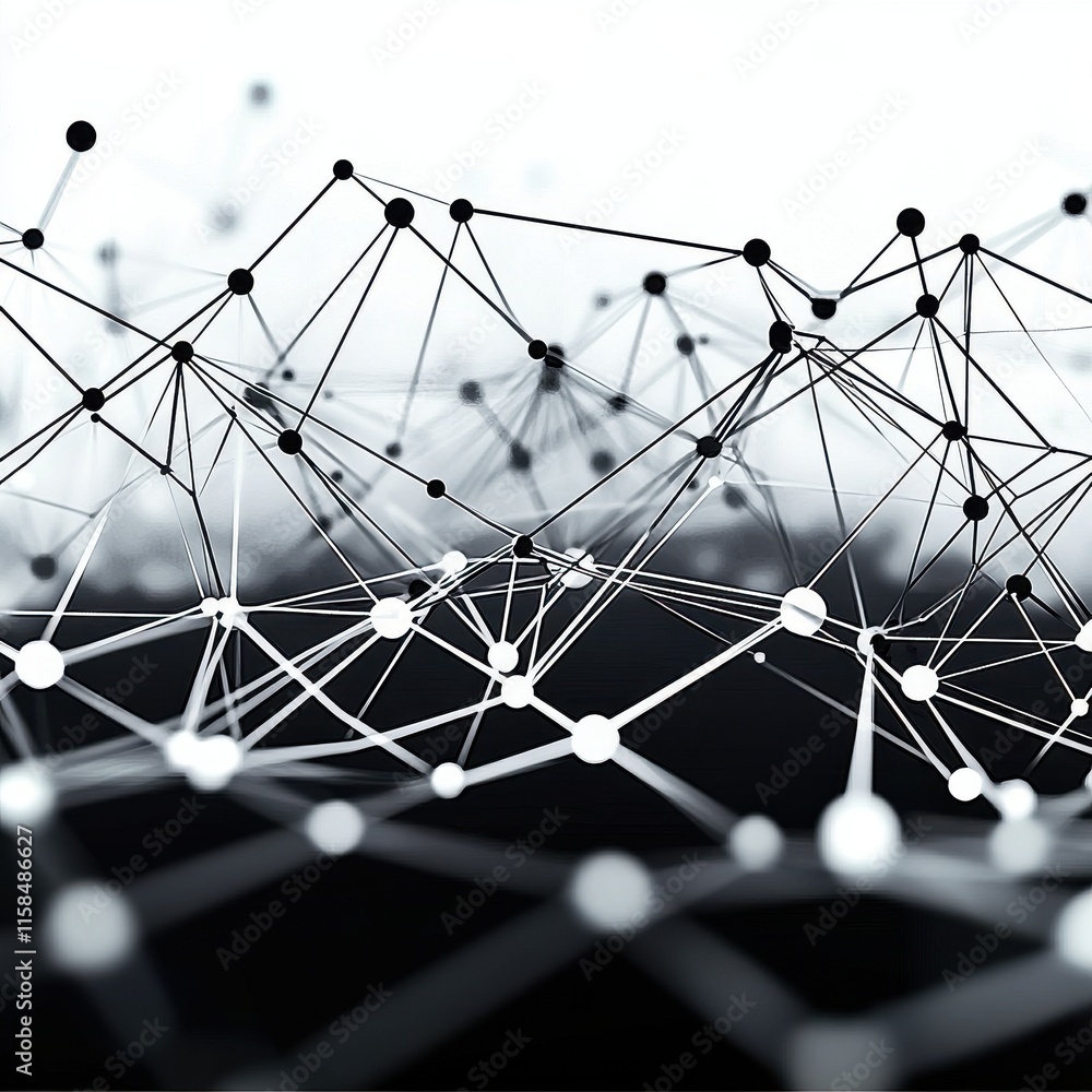 Poster abstract network structure in black and white, showcasing connections and nodes in a digital space.