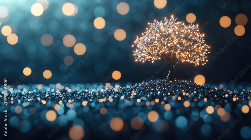 Poster ebony tree abstract background concept. a sparkling tree surrounded by glowing lights, creating a ma