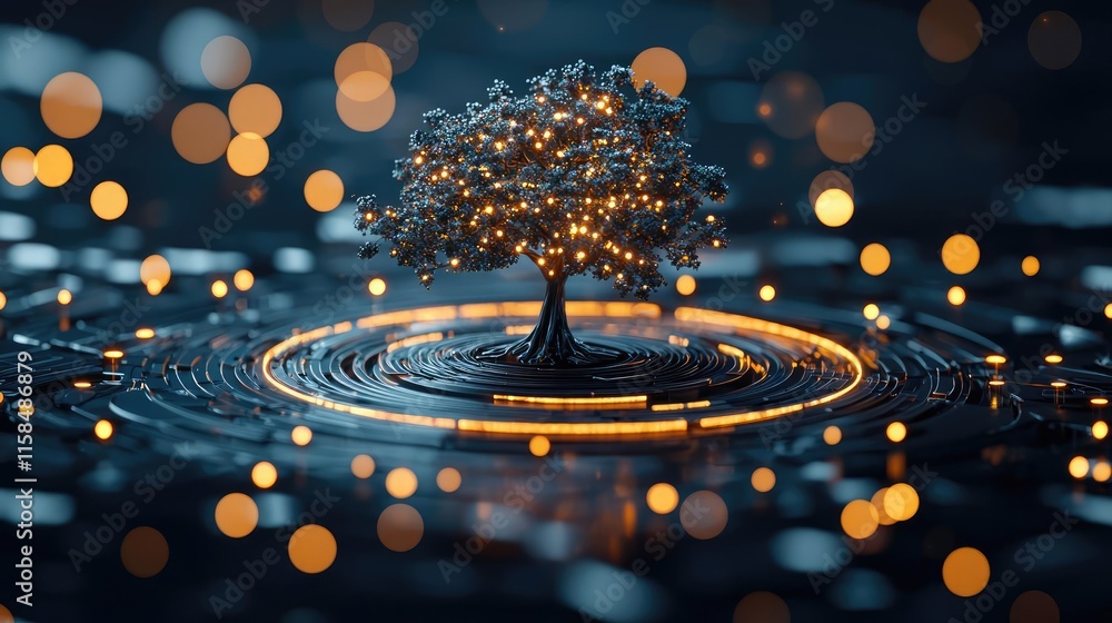 Poster ebony tree abstract background concept. a glowing tree surrounded by illuminated circles in a dark s