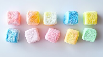 Vibrant multi colored marshmallows displayed on a clean white background, showcasing a delightful assortment of multi colored marshmallows in a visually appealing arrangement.