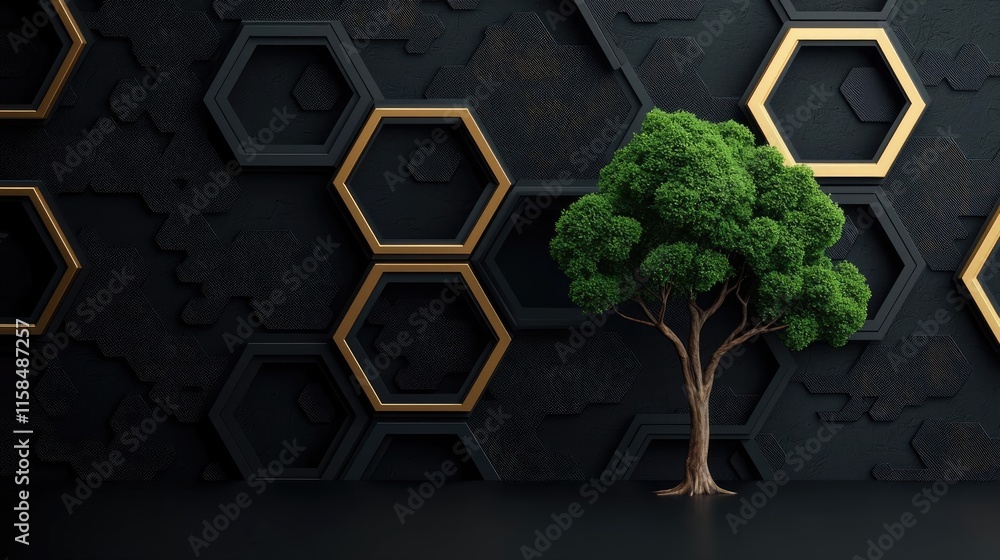 Poster ebony tree abstract background concept. a vibrant tree against a textured black wall with golden hex