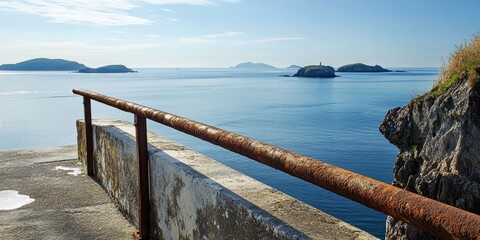 Fototapeta premium A weathered handrail along a scenic promenade offers a glimpse of islands in the sea. This old handrail enhances the view and provides a unique perspective of the serene seascape.