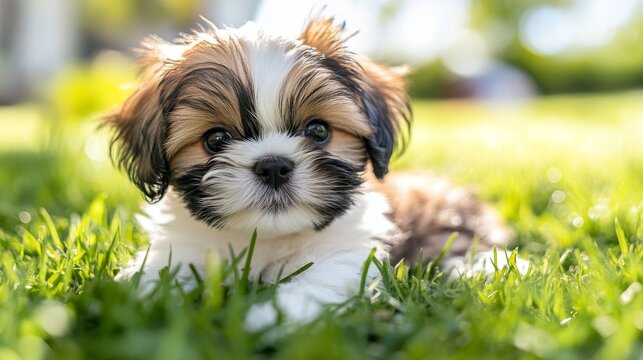 Close up of a Shih Tzu puppy playing on the grass, showcasing the adorable features of the Shih Tzu puppy while enjoying a sunny day in a grassy environment. Shih Tzu puppy in focus.