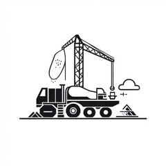 A detailed illustration of a construction crane and mixer truck in action, showcasing construction industry elements.