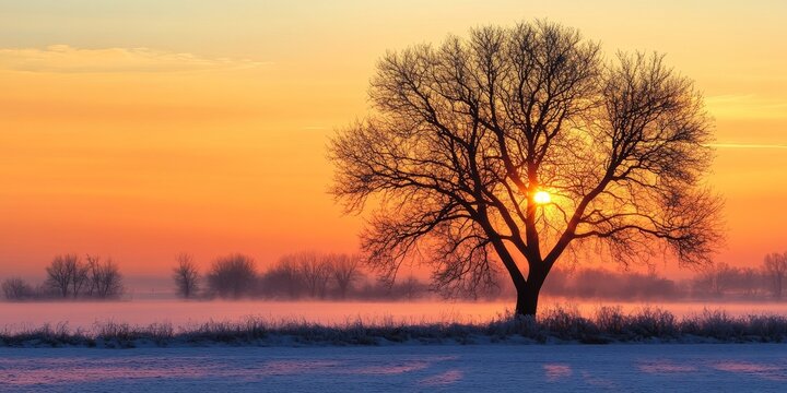 Winter tree silhouette during sunset creates a serene landscape. The winter tree, with its bare branches, stands out beautifully against the warm hues of the sunset. Winter tree scenes evoke