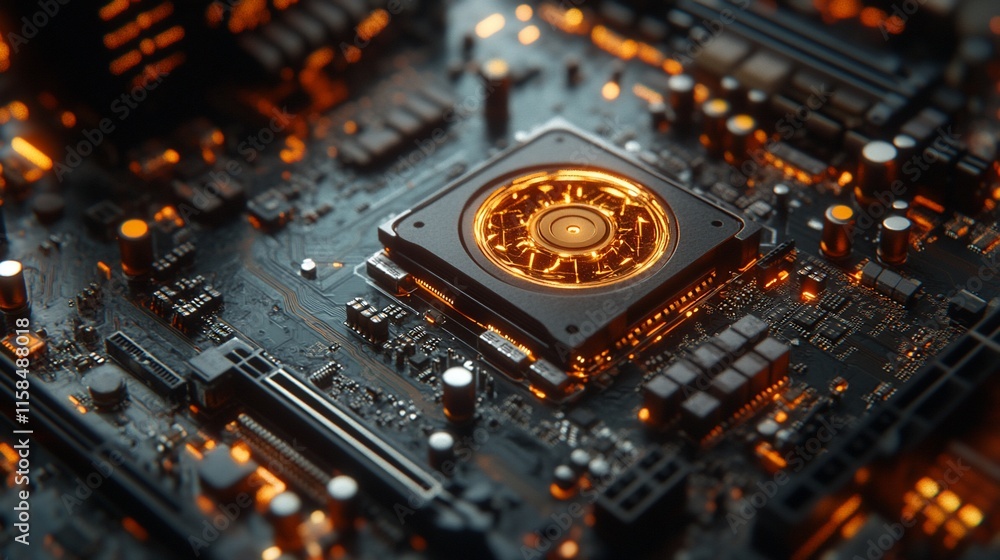 Poster close-up of a glowing computer motherboard cpu.