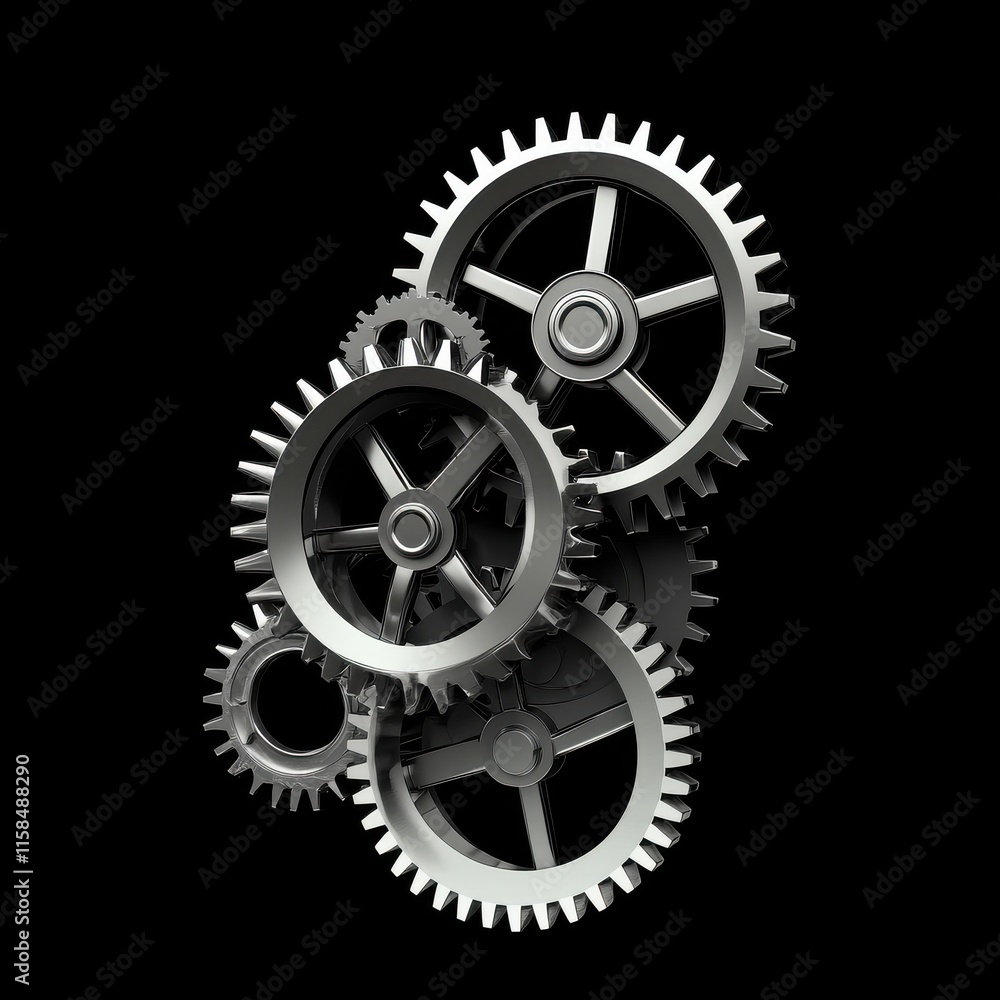 Poster a collection of interlocking metallic gears arranged dynamically against a black background.
