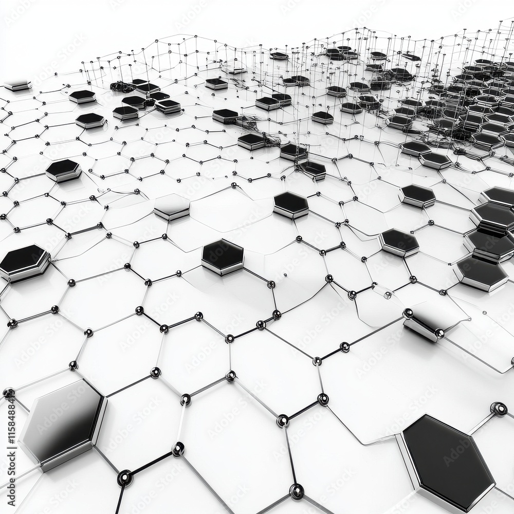Poster abstract black and white hexagonal structure showcasing interconnected nodes and a modern design aes