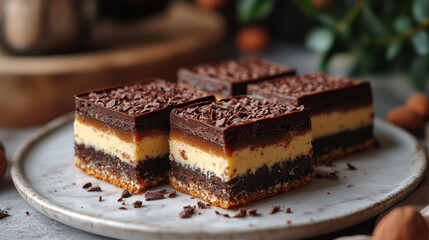 Chocolate Cake Slices with Caramel Layers, Gray Slate Surface Backdrop, for Food Advertisements and Culinary Themes