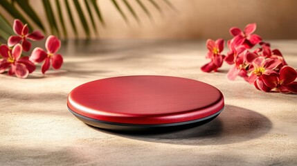 Red Round Product Display on Beige Background with Flowers