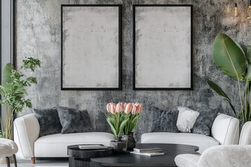 Modern Living Room Interior with White Sofa and Blank Canvas Artwork