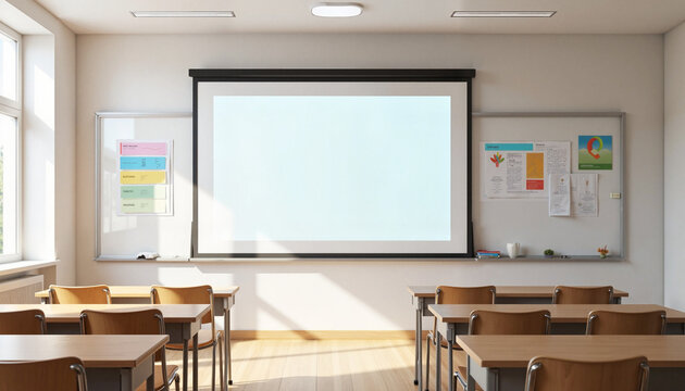 Modern classroom setup with empty projector screen ready for lessons and student engagement