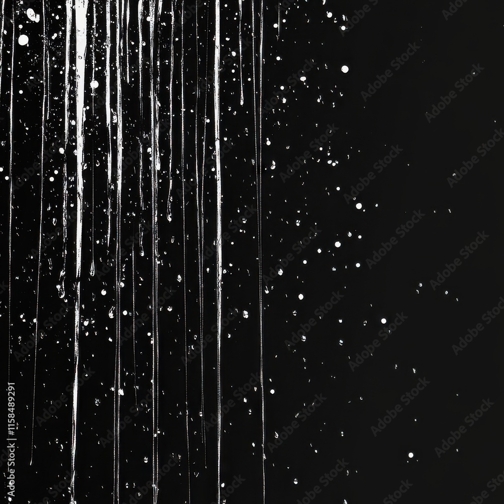 Poster abstract black background with white paint drips and splatters, creating a striking contrast and dyn