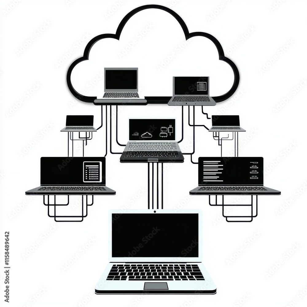 Poster conceptual illustration of cloud computing with interconnected laptops in a network.