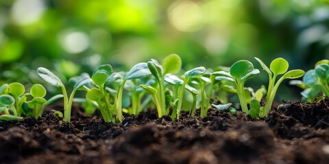 Fresh sprouts showcasing baby plants thrive in a vibrant spring garden on a farm, symbolizing renewal and growth. Sprouts represent the essence of nature and the beginning of life on the farm.