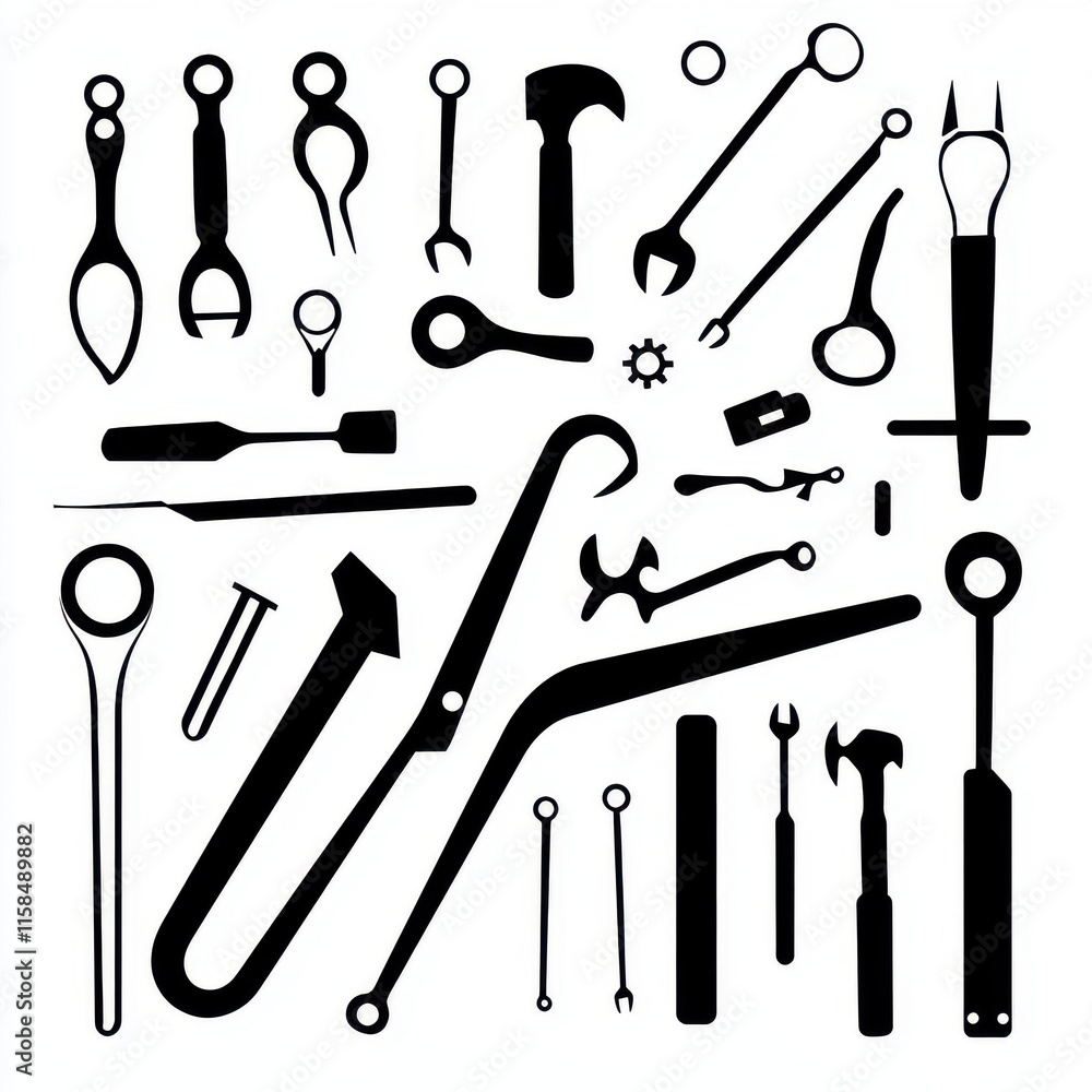 Poster a collection of various tools and implements in black silhouette, showcasing their diverse shapes an