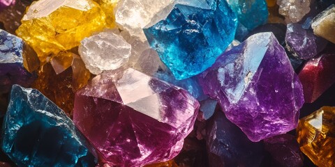 Brilliant precious stones and mineral crystals are showcased in their natural environment. The texture of these precious stones and semiprecious stones creates a seamless background of colorful, shiny