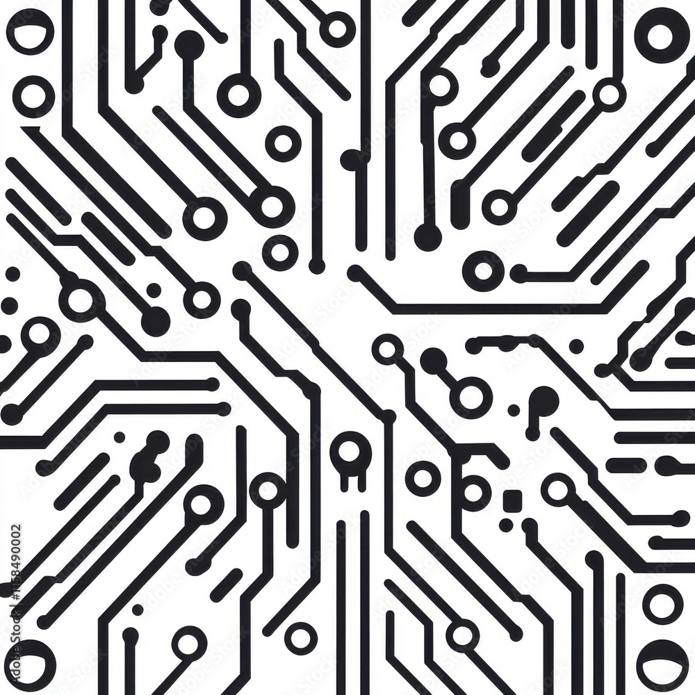 Poster abstract black and white circuit board design with intricate lines and patterns.