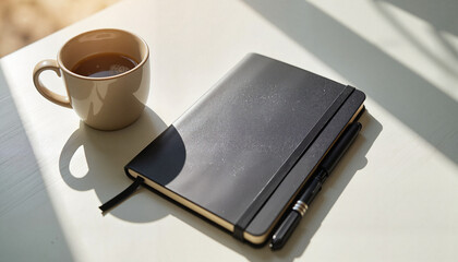 Relaxing moment with a coffee and a notebook on a sunlit table