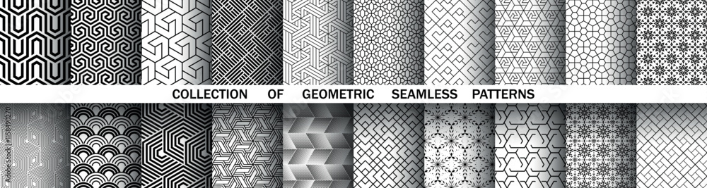 Poster Geometric set of seamless black and white patterns. Simple vector graphics.