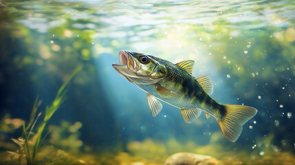 Fototapeta premium Bass swimming under the water in a serene lake during the afternoon light near the shore. 
