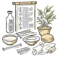 An arrangement of traditional herbal medicine tools, featuring bowls, scrolls, and plant elements in a warm, earthy palette.
