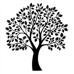 A striking black silhouette of a leafy tree showcasing detailed branches and leaves.