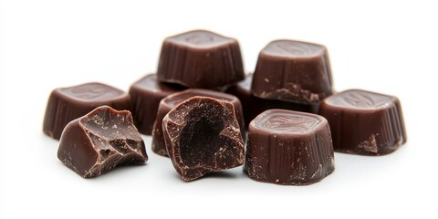 Obraz premium Delicious cracked milk chocolate candies, these enticing sweets are beautifully isolated on a white background, showcasing the rich texture and flavor of the milk chocolate candies.