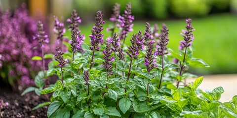 Fototapeta premium Flowering basil thrives in the garden bed, showcasing its vibrant blooms. This flourishing basil not only enhances the landscape but also adds a refreshing aroma to the surroundings.