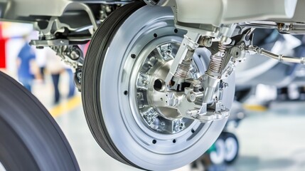 Obraz premium Airplane wheel compartment with mechanical components and hydraulic systems, essential for safe landing and takeoff. Precision engineering and aviation safety concepts.