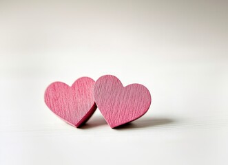 Valentines day background with two red hearts on wooden background