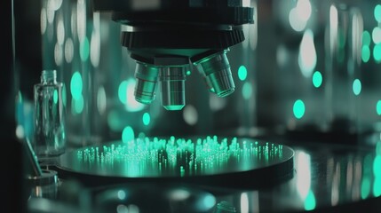 Green glowing cells under microscope reveal the intricate beauty of microscopic life, symbolizing the delicate balance and complexity of biological processes in nature.