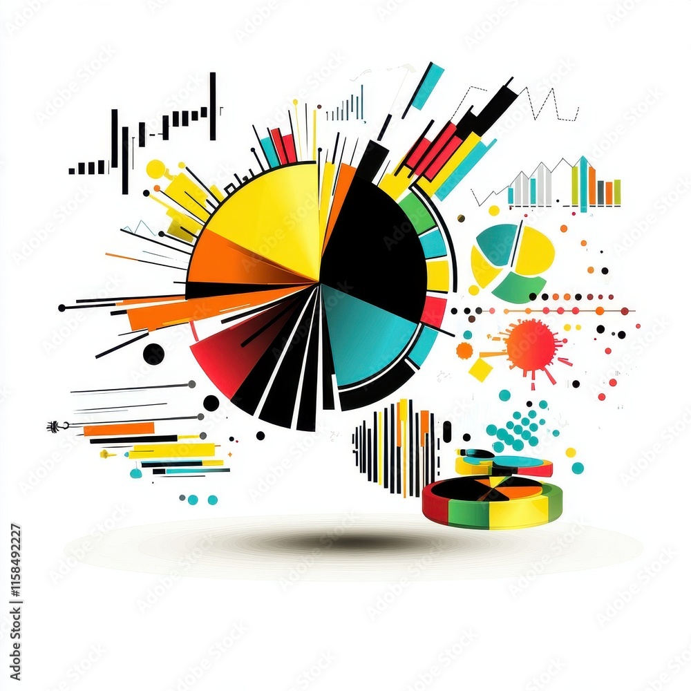 Poster colorful abstract data visualization featuring pie charts and bar graphs illustrating analytical ins