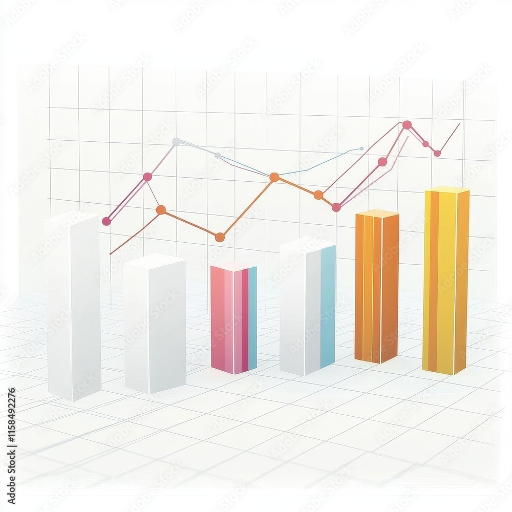 Poster colorful bar and line graphs representing business growth and data analysis in a modern workspace.
