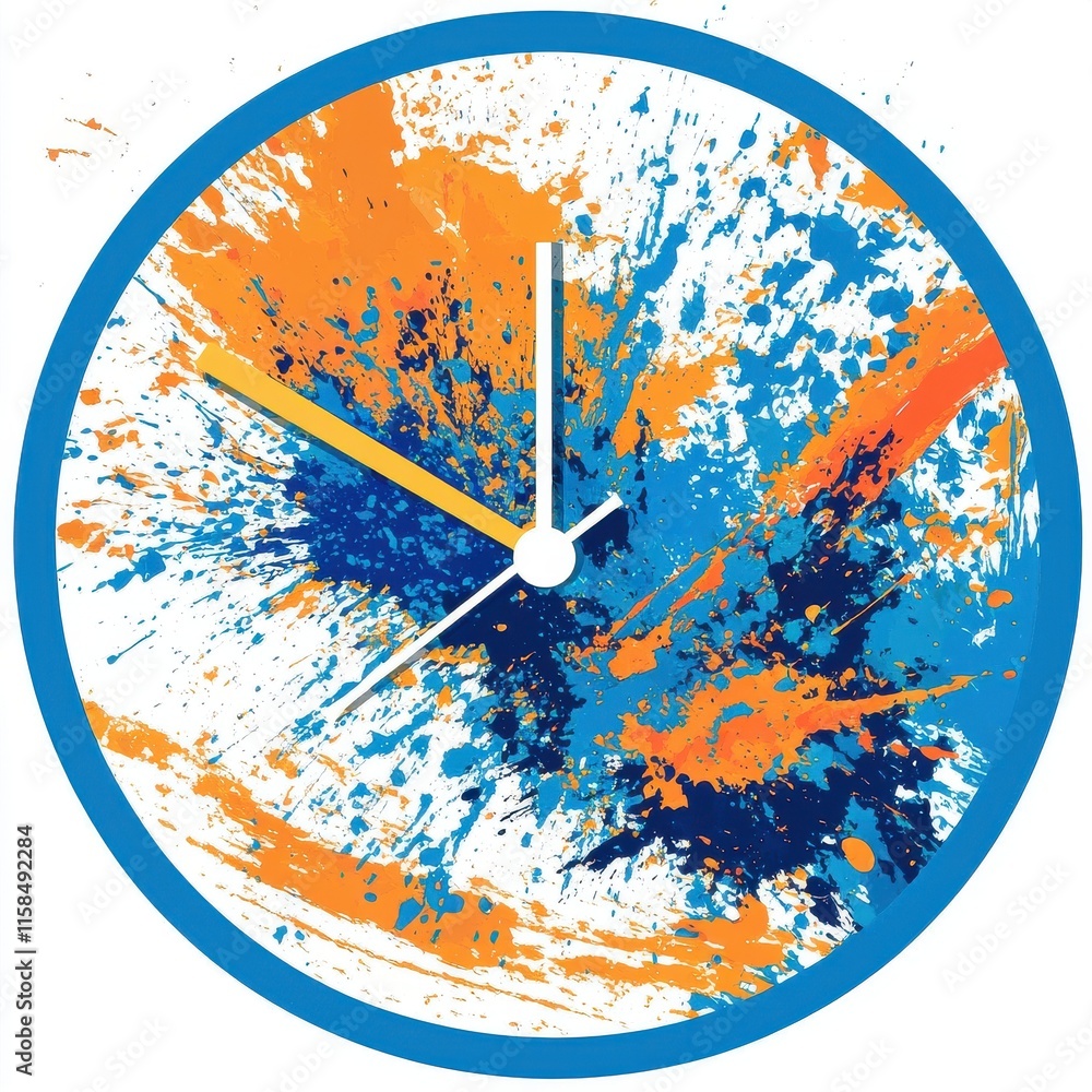 Aufkleber vibrant clock design featuring orange and blue paint splashes, adding a dynamic touch to any space.